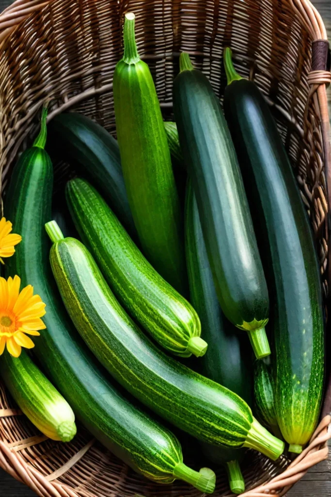 Freshly harvested zucchini overflowing from a basket