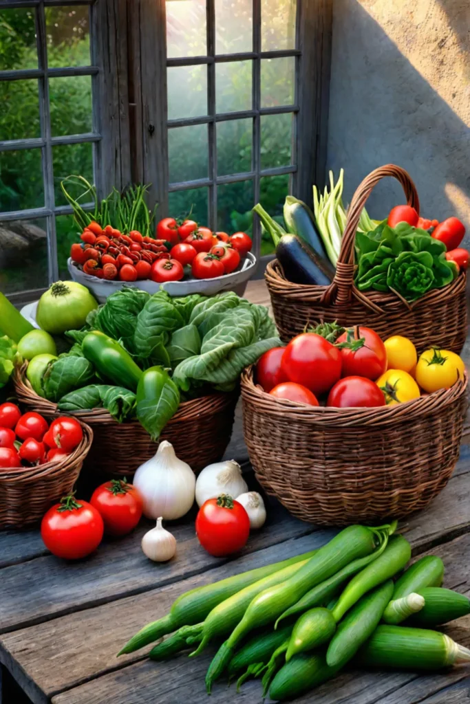 Freshly picked vegetables on a table in a backyard setting