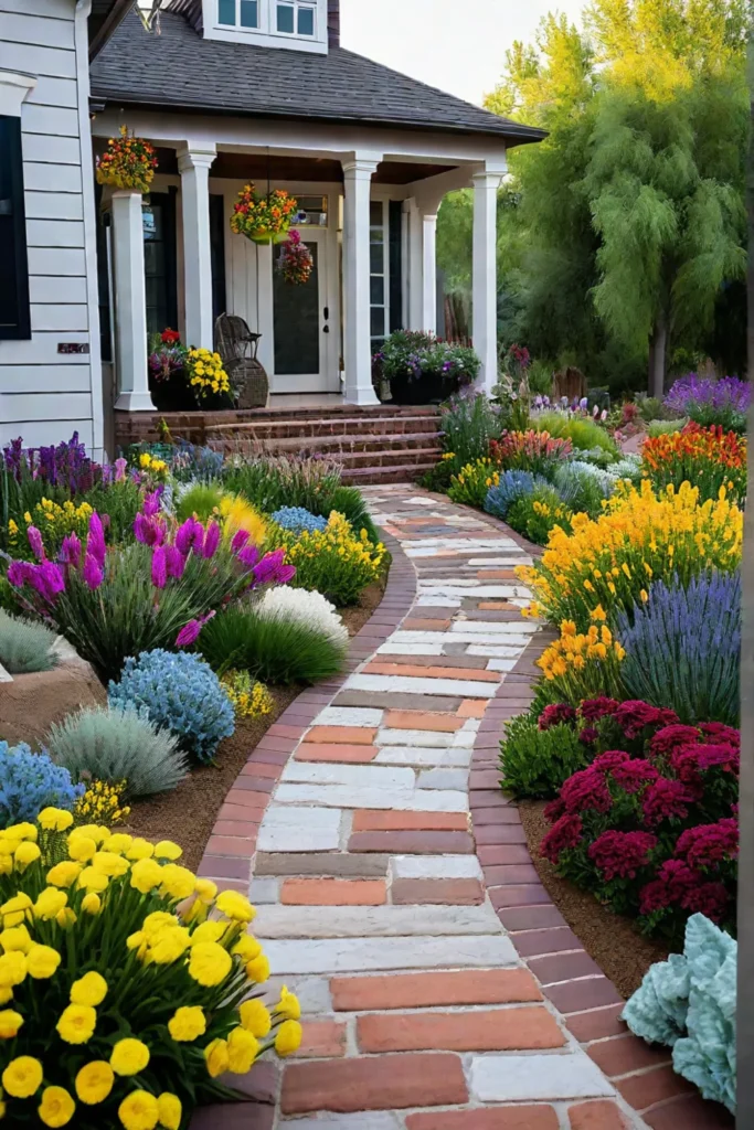 Front yard with droughttolerant perennials and repurposed brick pathway