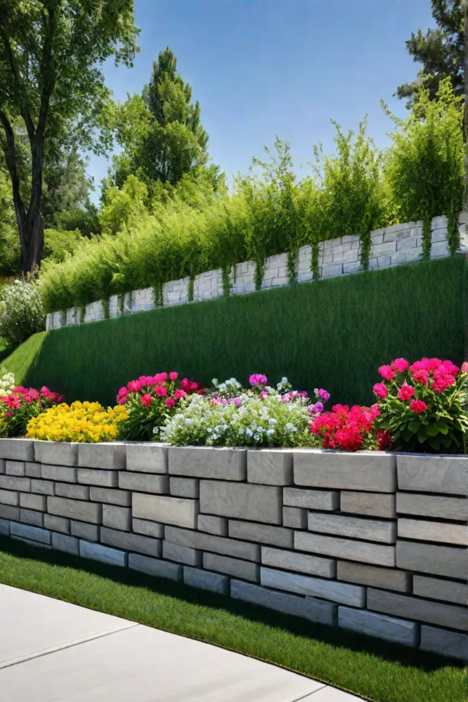 Functional retaining wall made from concrete blocks with vines and flowers