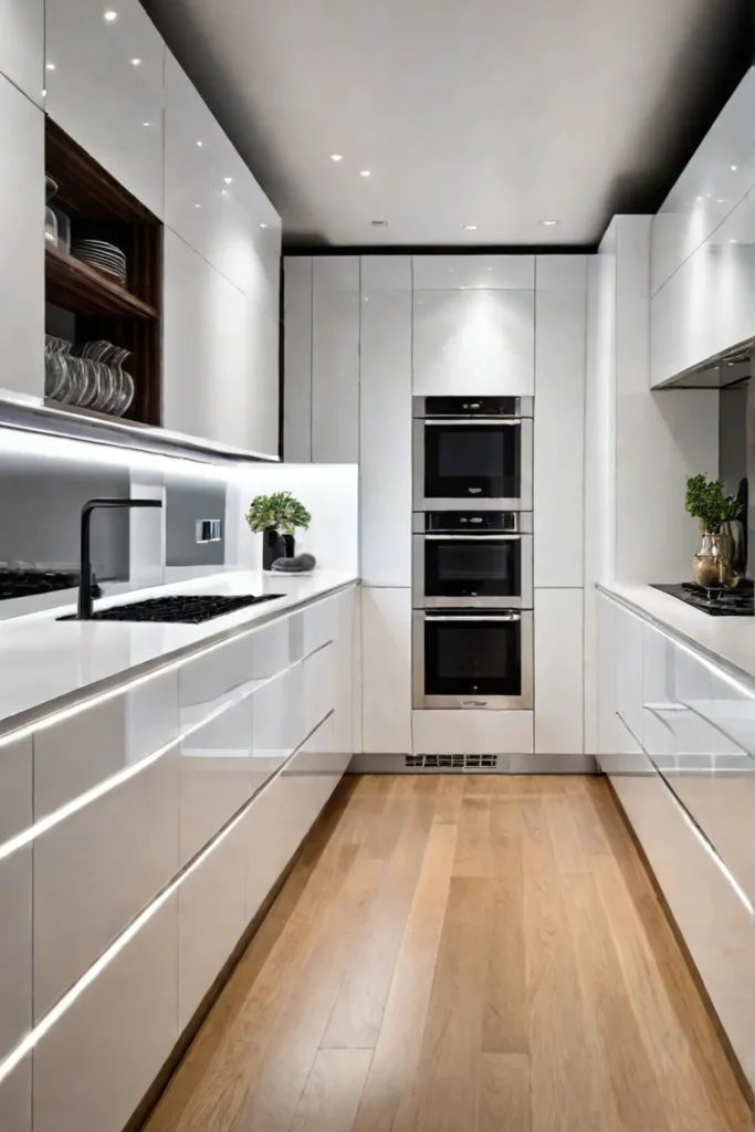 Galley kitchen with white glossy cabinets and mirrored backsplash