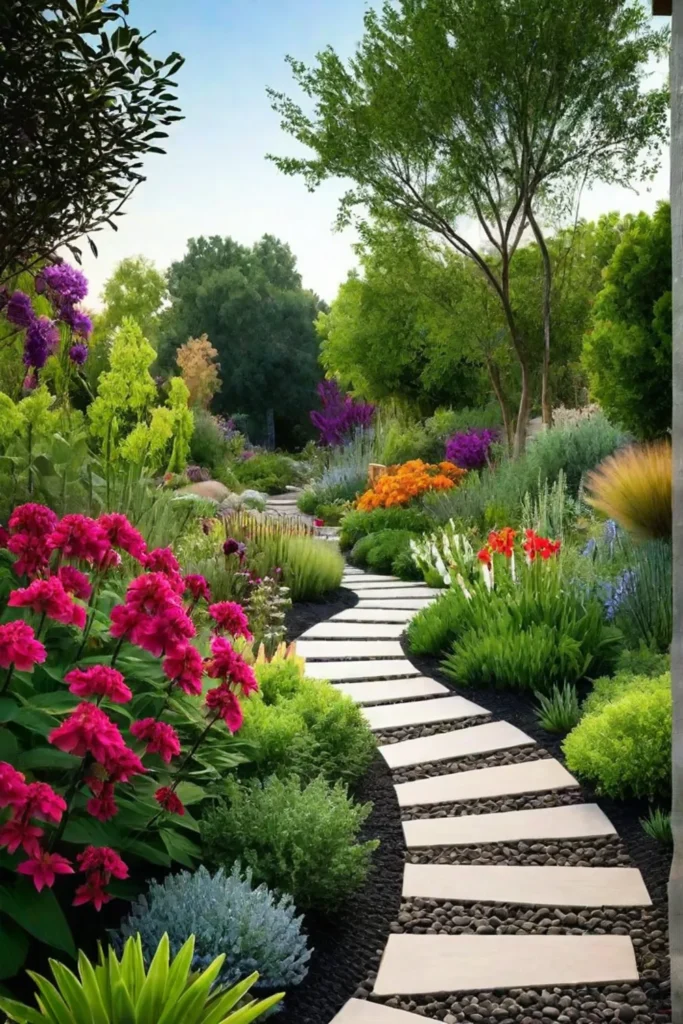 Garden pathway with diverse native plants and pollinators