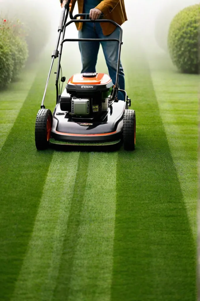 Gardener mowing a lawn to create a striped design
