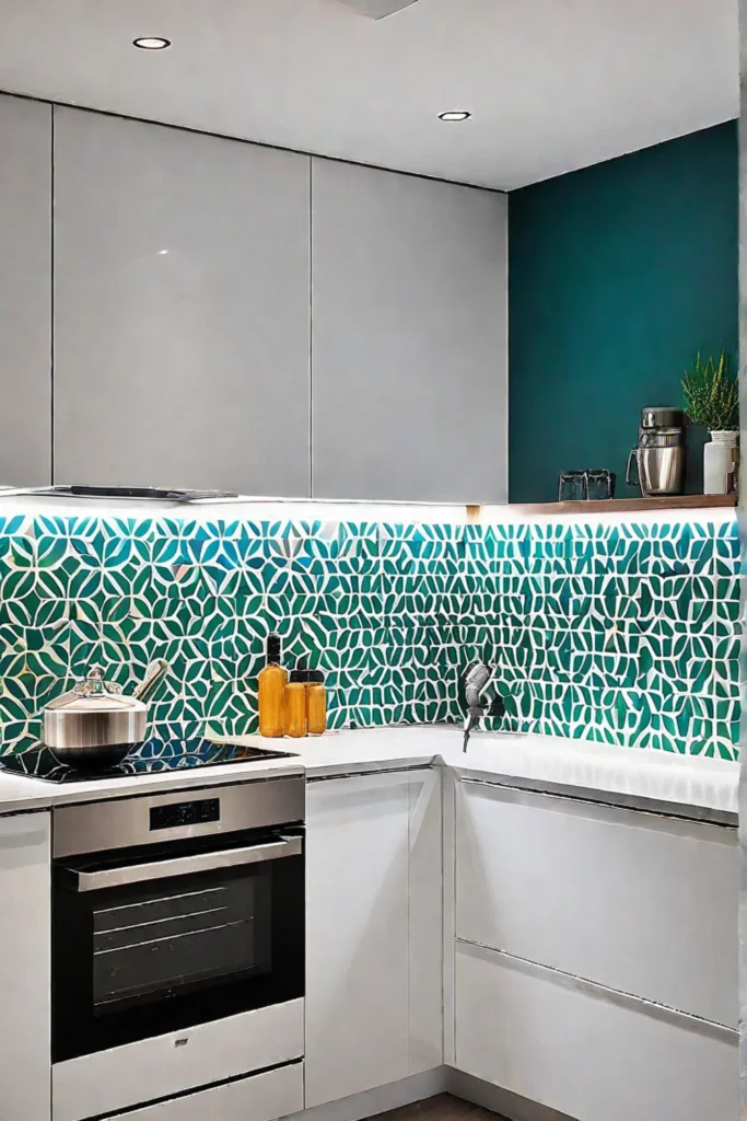 Geometric patterned backsplash in a small kitchen