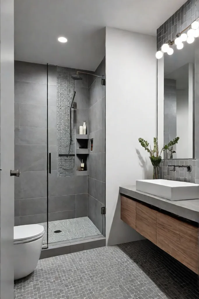 Geometric shapes and gray tiles in a minimalist bathroom