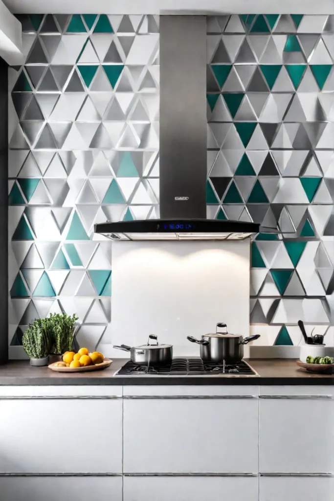 Geometric wallpaper accent wall in a contemporary kitchen