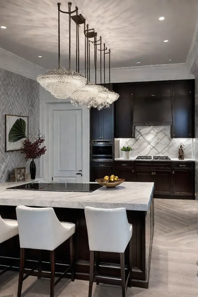 Glamorous kitchen with metallic wallpaper and dark wood