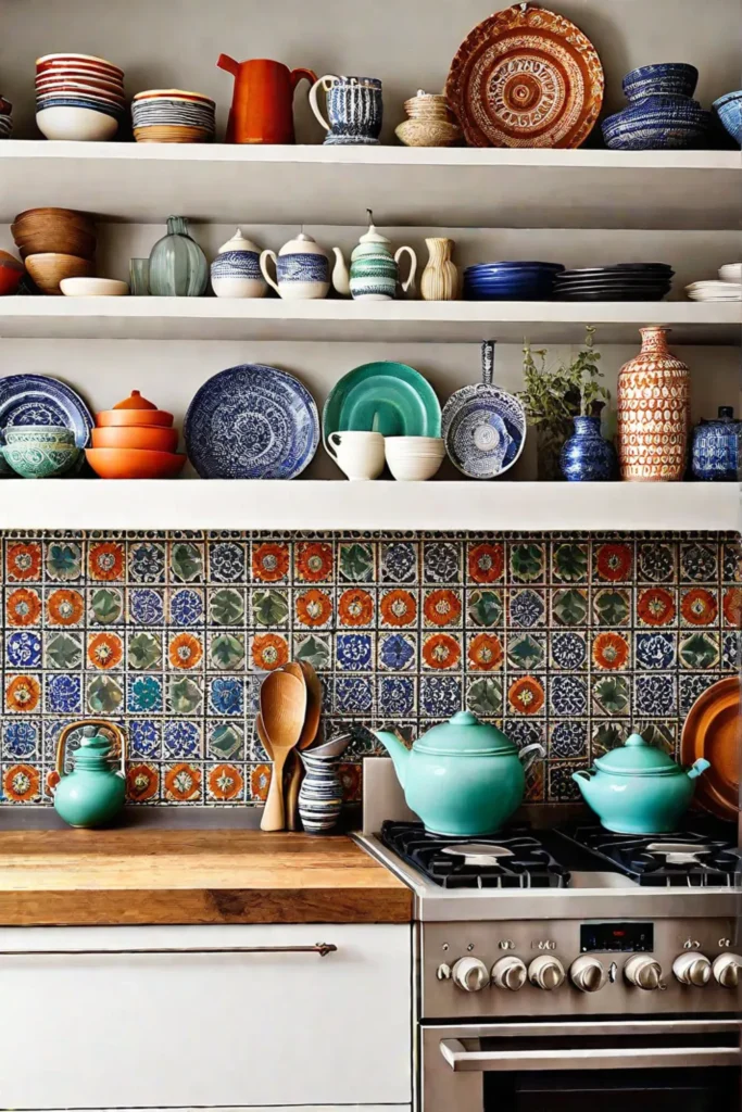 Globalinspired decor and vintage pottery in a small kitchen
