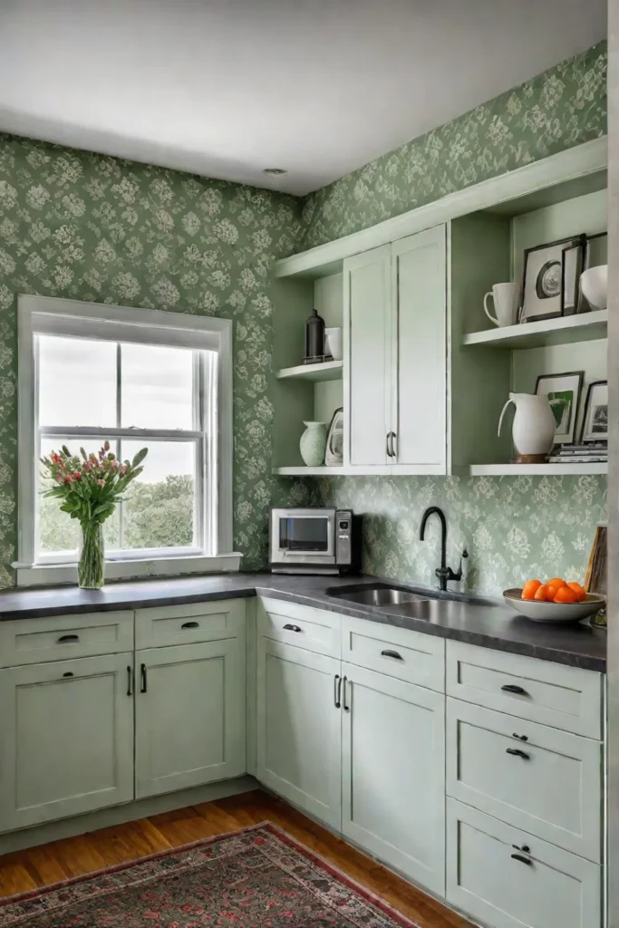Green floral wallpaper adding color to a small kitchen