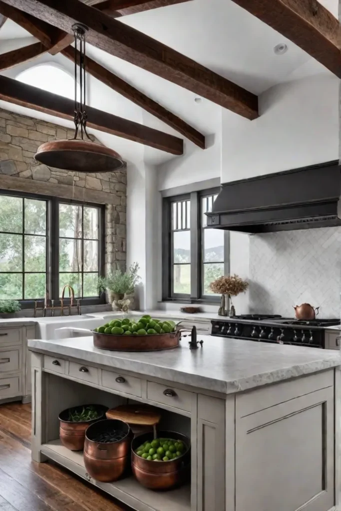 Hygge kitchen with exposed beams and woven rug