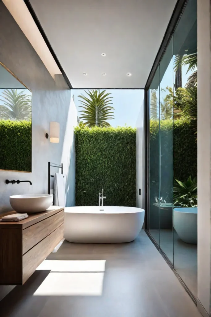 Indooroutdoor coastal bathroom with ocean views and natural materials