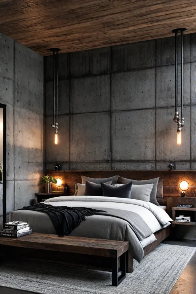 Industrial bedroom with concrete accent wall