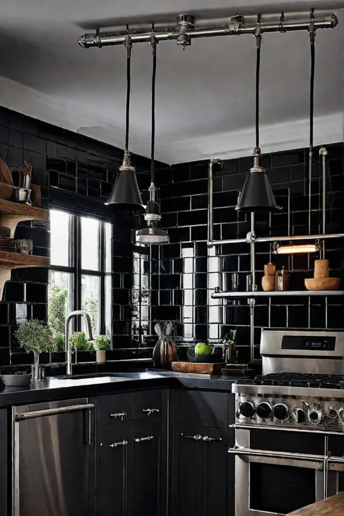 Industrial kitchen with black tile and metal accents