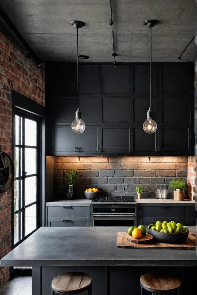 Industrial kitchen with gray cabinets and concrete countertop