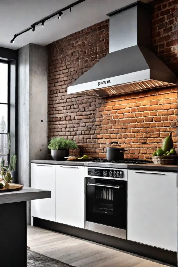 Industrial kitchen with metallic wallpaper on range hood