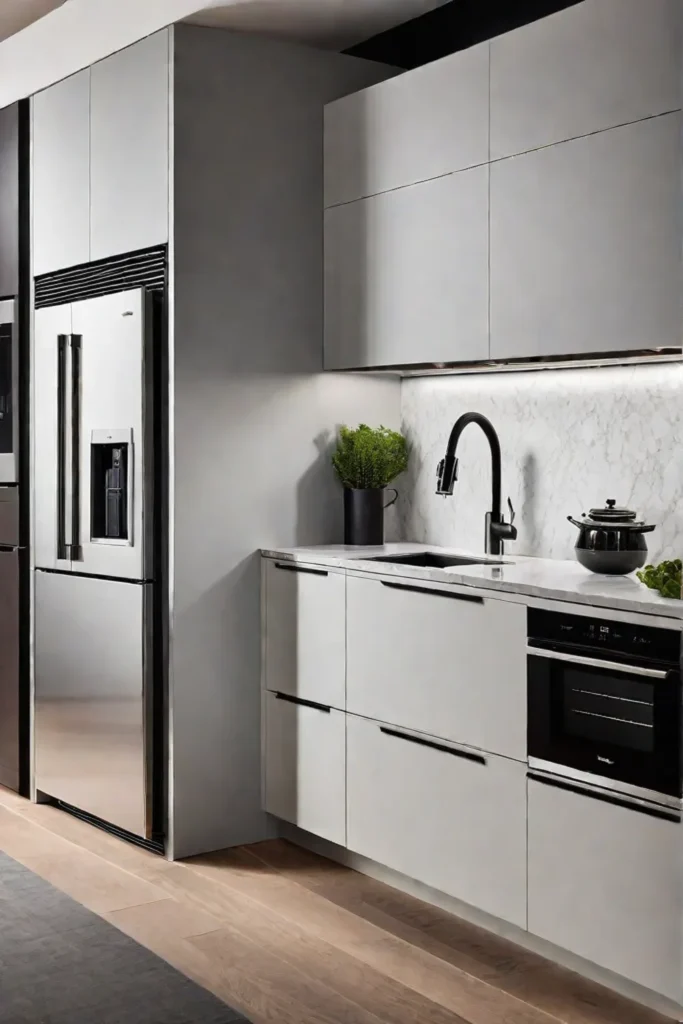 Integrated appliances hidden behind cabinet panels in a small kitchen