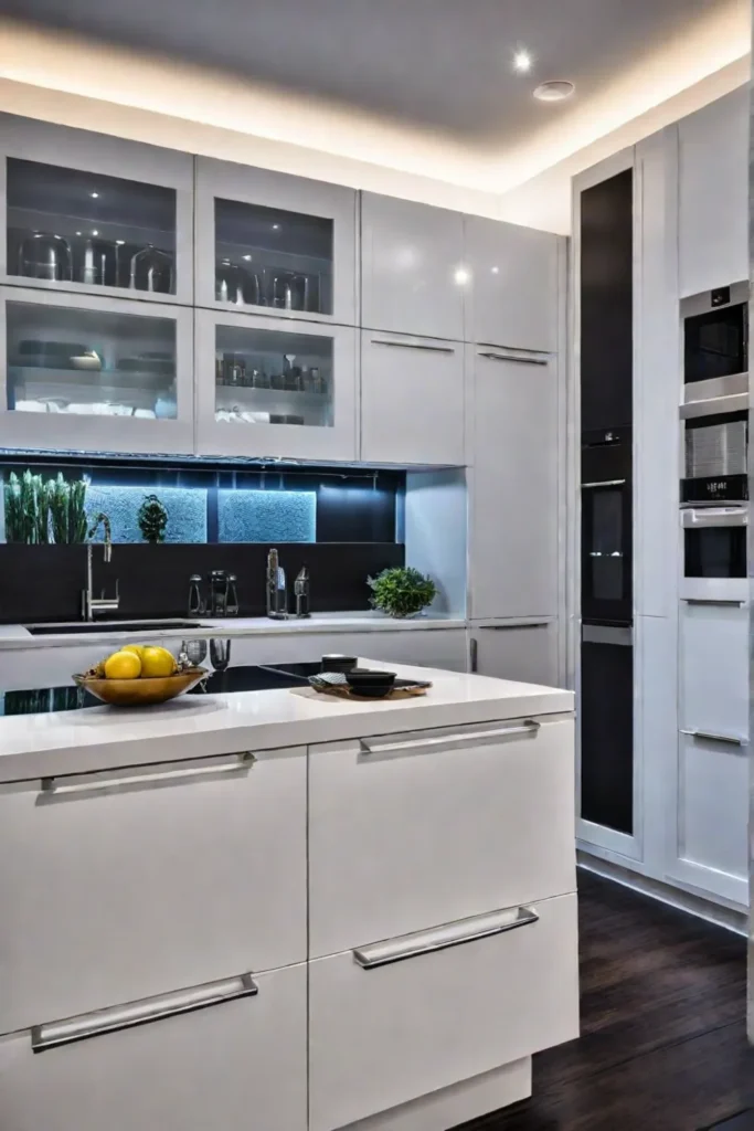Kitchen cabinets illuminated by strategically placed LED lights highlighting architectural details and creating a functional workspace