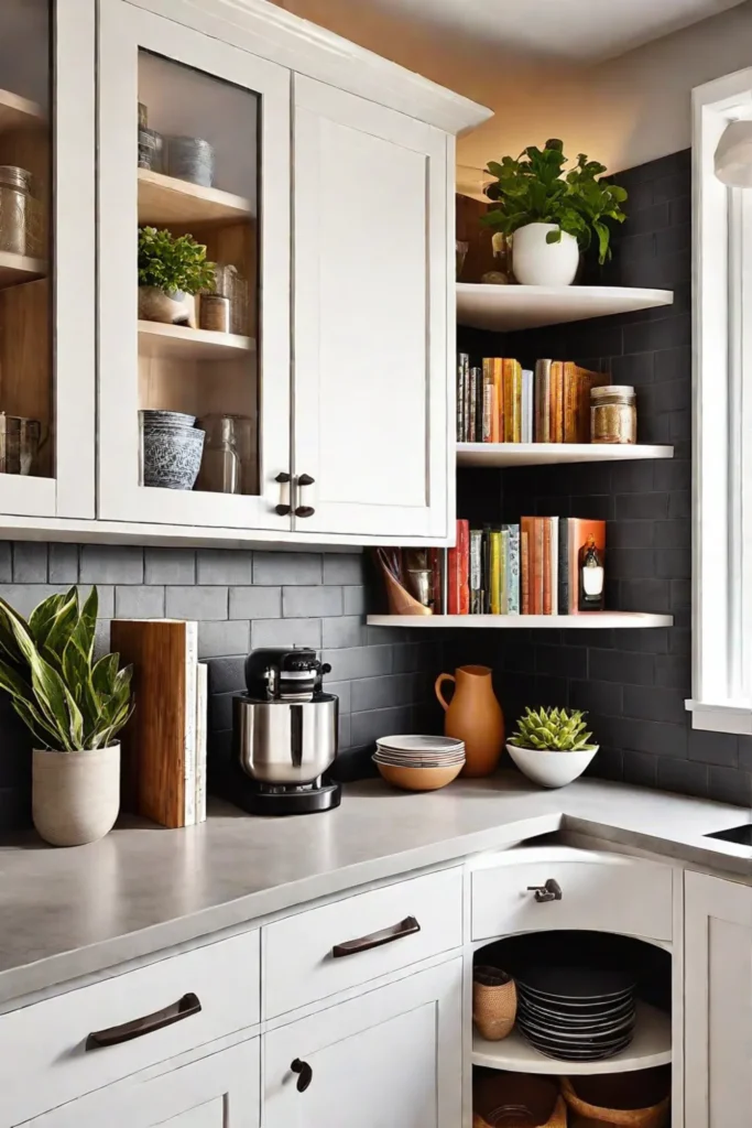 Kitchen corner with a Lazy Susan in a corner cabinet and a wallmounted shelf for cookbooks and plants