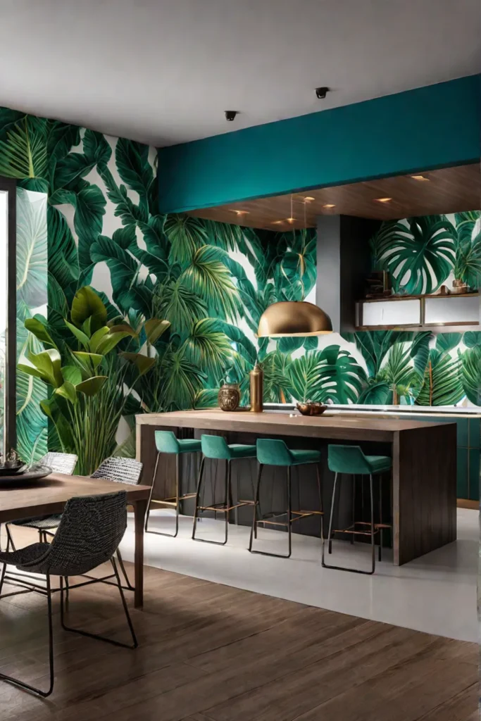 Kitchen island covered in tropical print wallpaper
