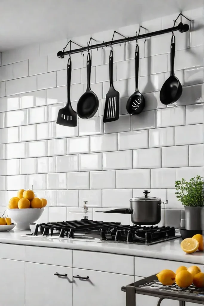 Kitchen utensils hang against a white subway tile backsplash in a Scandinavian kitchen