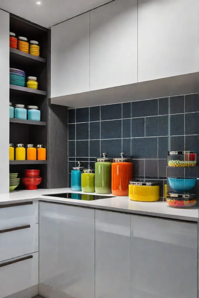 Kitchen with a mix of open and closed storage featuring ceramic canisters and frosted glass cabinets