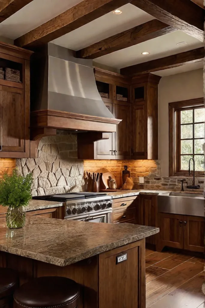 Kitchen with natural wood cabinets and stone backsplash