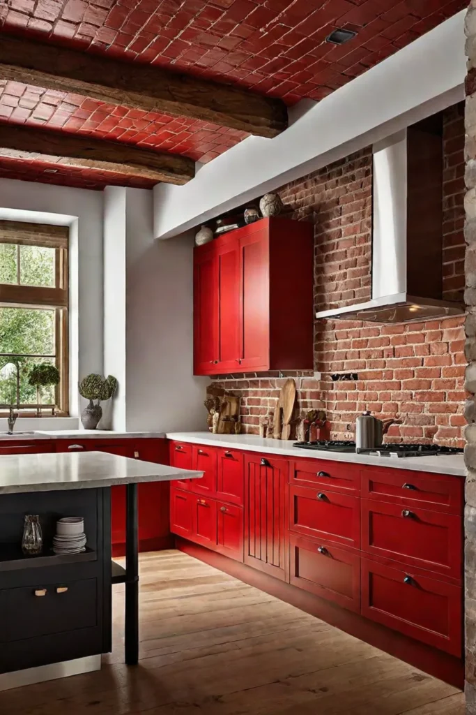 Kitchen with red cabinets and exposed brick