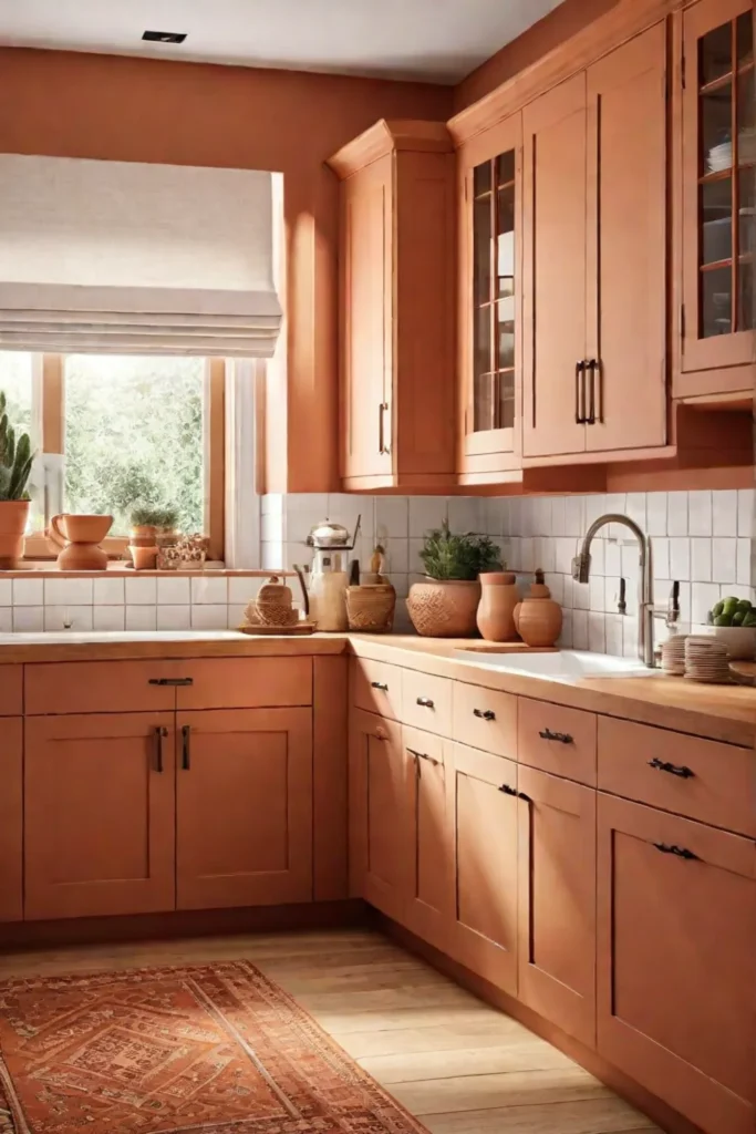Kitchen with terracotta cabinets and natural wood accents