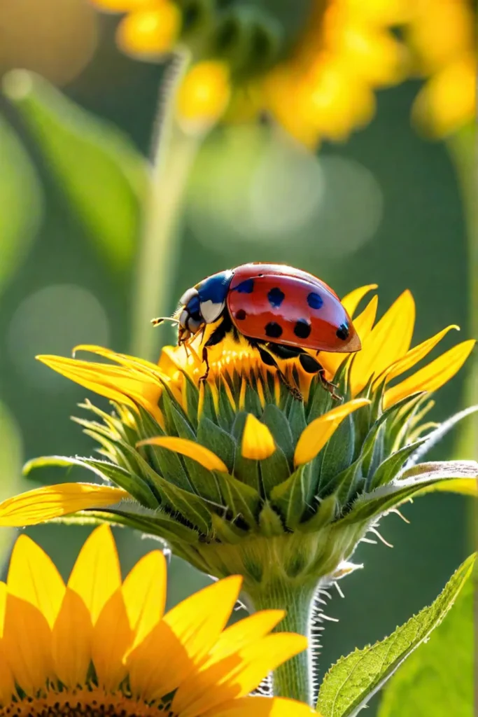 Ladybug on a sunflower exemplifies natural pest management in an ecofriendly landscape