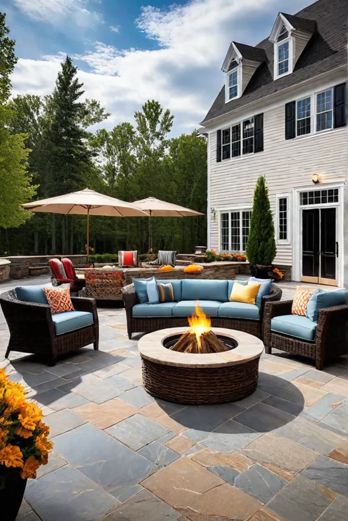 Landscaped backyard with outdoor living space and fireplace