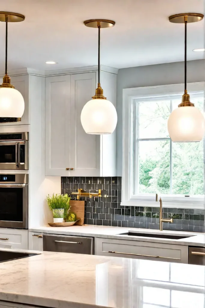 Layered lighting with natural light undercabinet and pendant lights