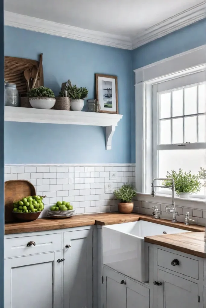 Light blue gingham wallpaper in a farmhouse kitchen