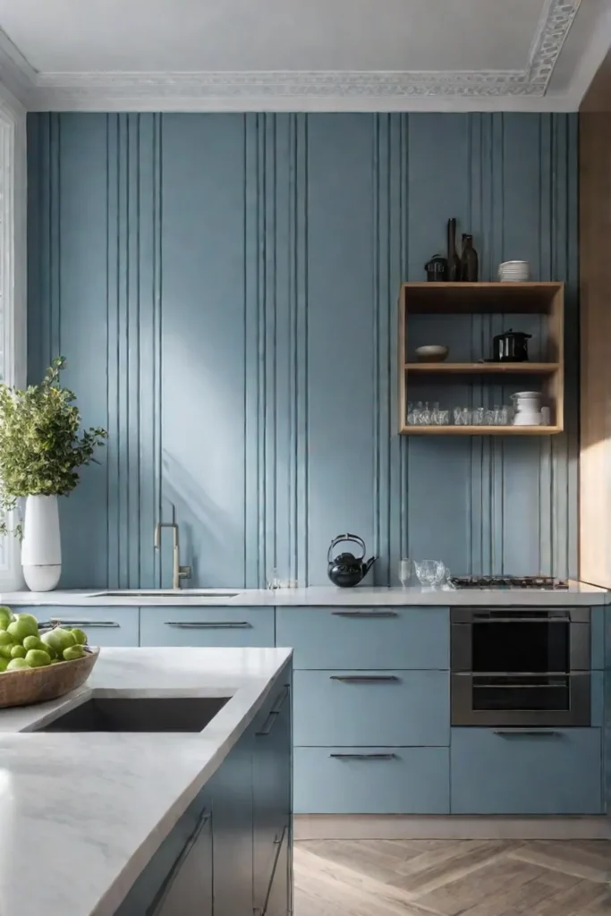 Light blue striped wallpaper in a small kitchen