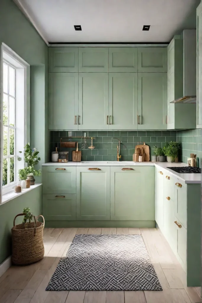 Light green cabinets adding vibrancy to a small kitchen