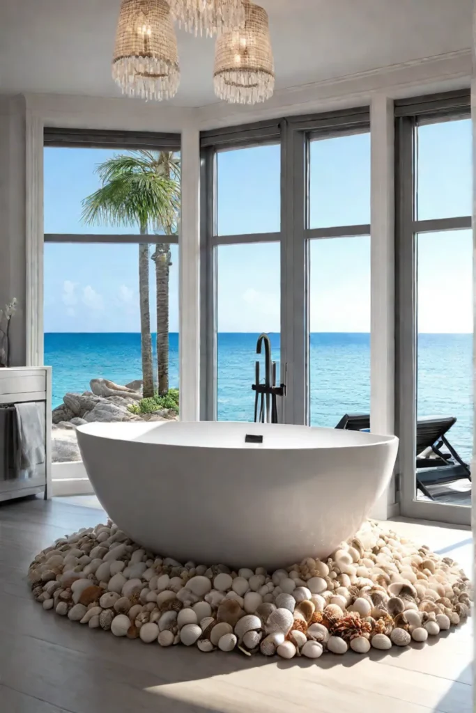 Luxurious bathroom with bathtub and beach view