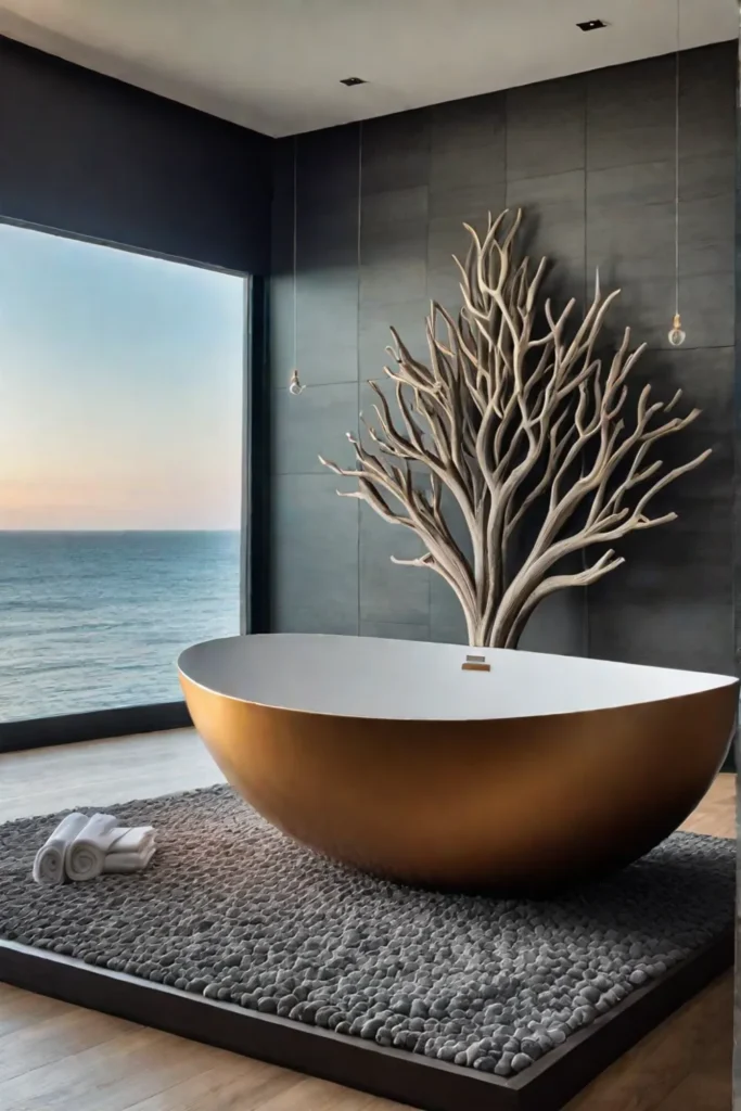 Luxurious bathroom with driftwood sculpture