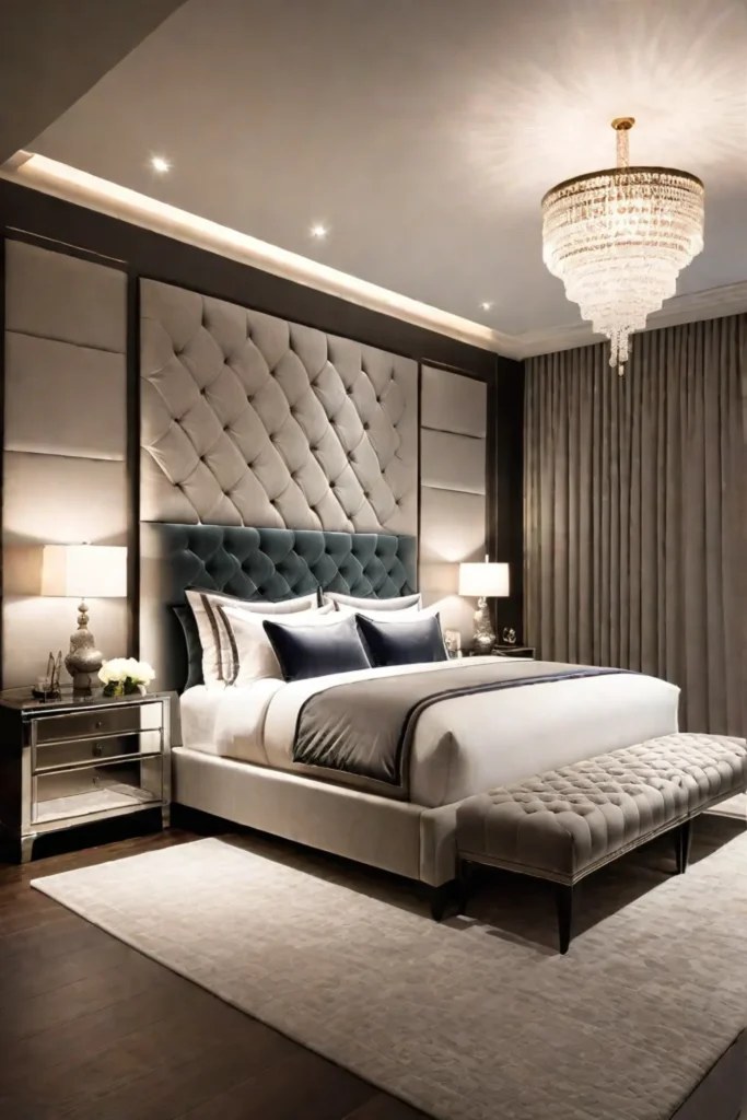 Luxurious bedroom with a fabric wall panel