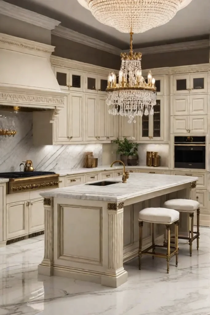 Luxurious kitchen design with crystal and brass accents