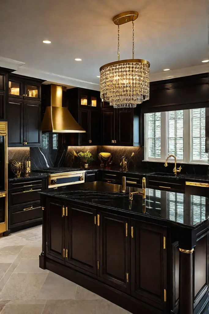 Luxurious kitchen with dark wood cabinets and black granite