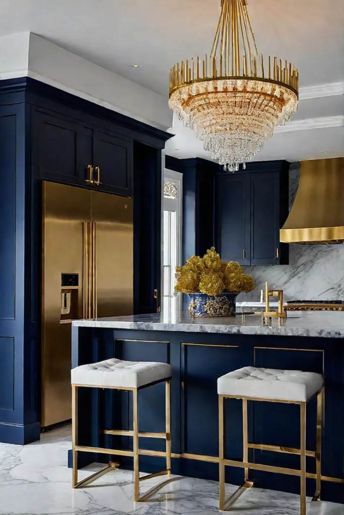 Luxurious kitchen with dark wood marble and gold accents