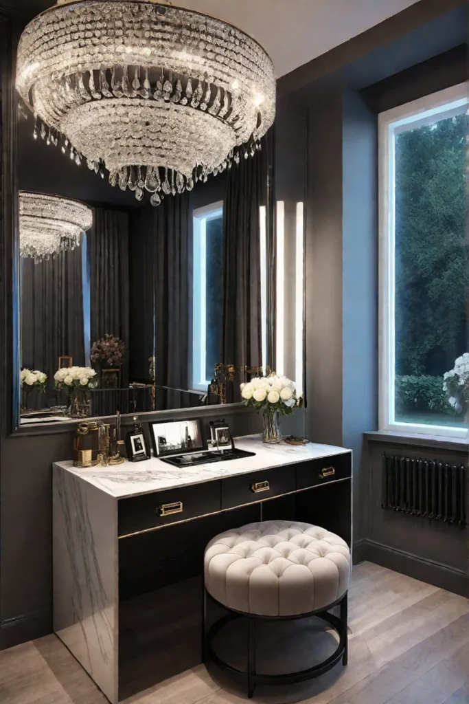 Luxurious vanity with chandelier lighting