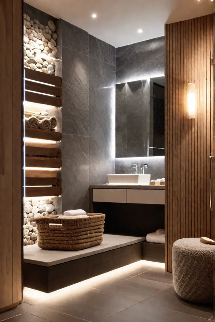 Luxury Scandinavian bathroom with sauna and heated towel rack
