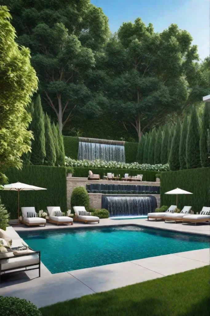 Luxury backyard with a pool patio and arborvitae hedge