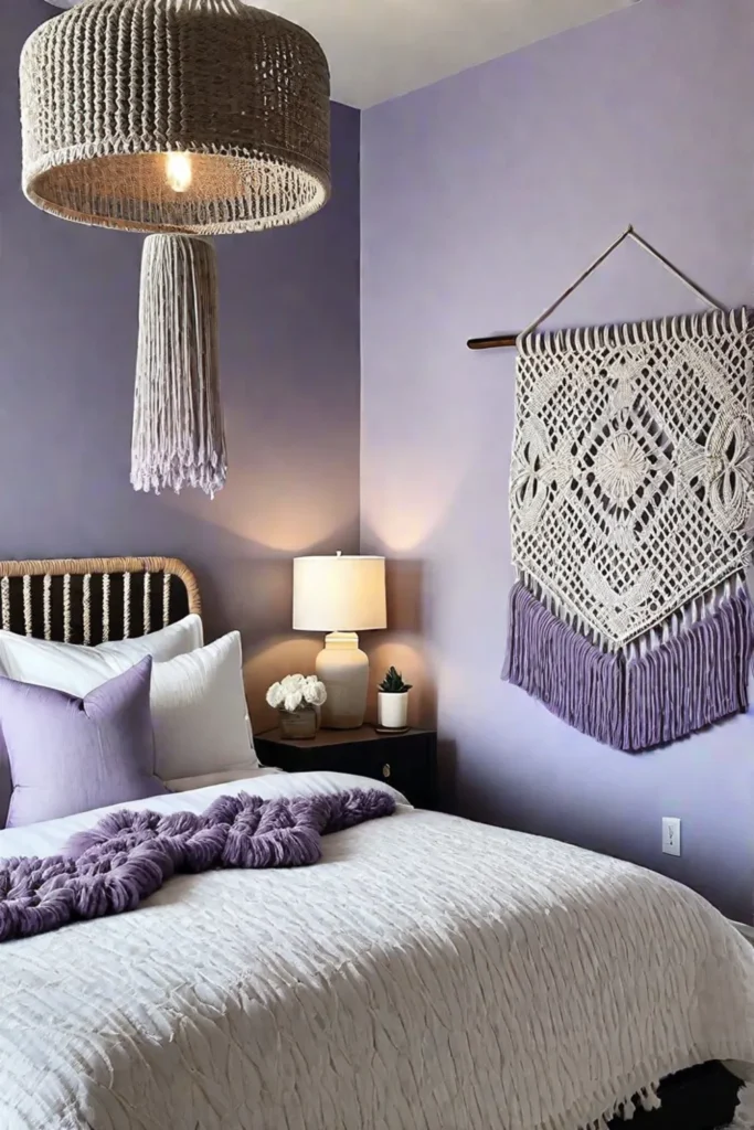 Macrame wall hanging above bed in lavender bedroom