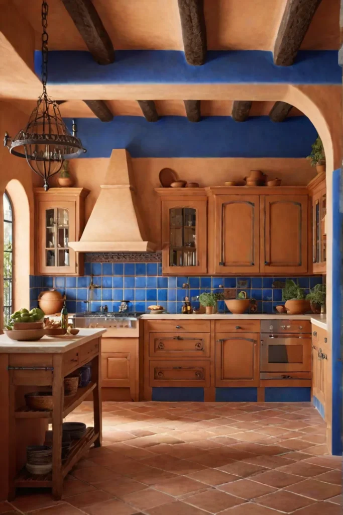 Mediterranean kitchen with terracotta tiles and blue accents