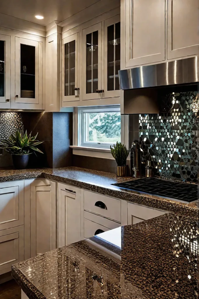 Metallic tile backsplash in a compact kitchen