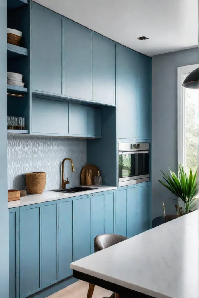 Metallic wallpaper enhancing spaciousness in a kitchen
