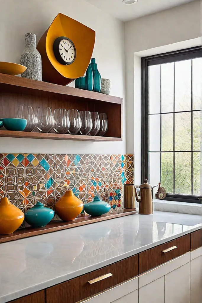 Midcentury modern kitchen with geometric tiles and a sunburst clock