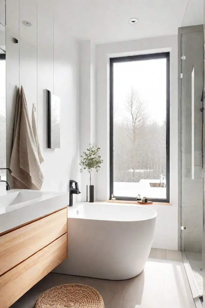 Minimalist Scandinavian bathroom with corner shower