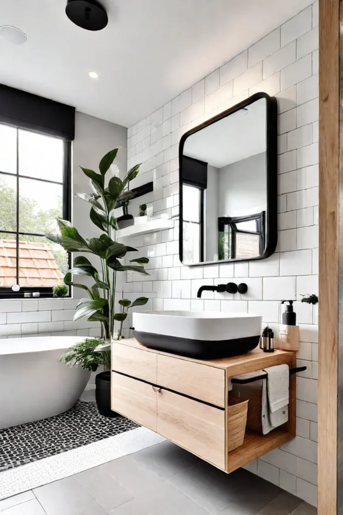 Minimalist Scandinavian bathroom with light wood and black accents